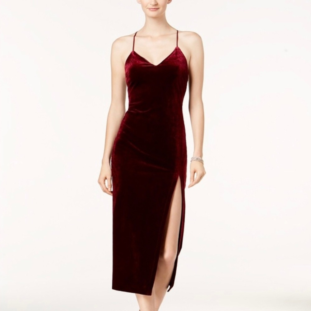 Bardot burgandy velour dress side slit - Picture 1 of 11